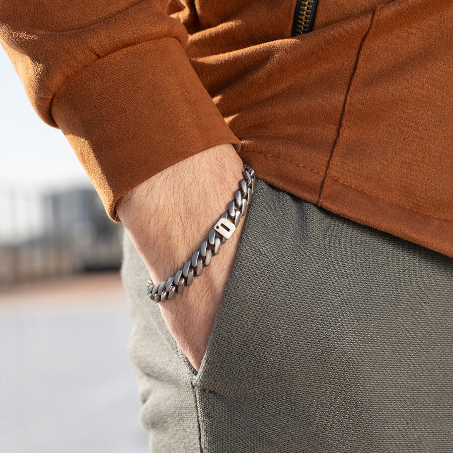 0.02 Carat Diamond Silver Letter D Men's Bracelet - 1