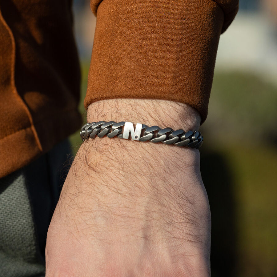 0.02 Carat Diamond Silver Letter N Men's Bracelet - 2