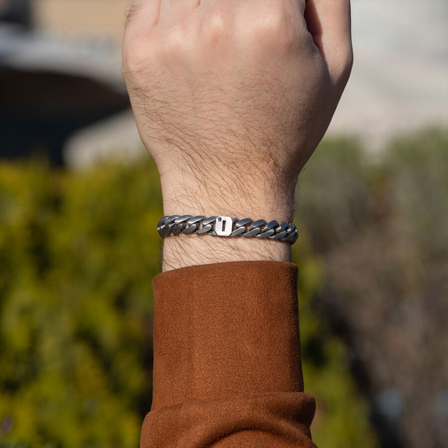 سوار فضة رجالي حرف O مرصع بالألماس 0,02 قيراط - 2