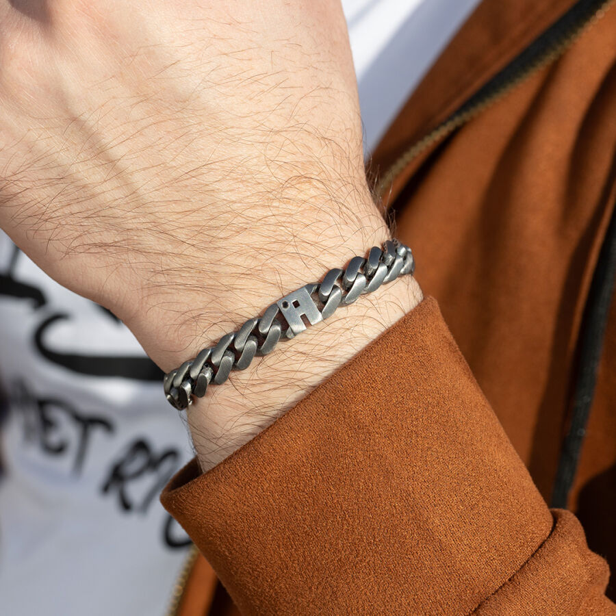 0.02 Carat Diamond Silver Letter A Men's Bracelet - 1