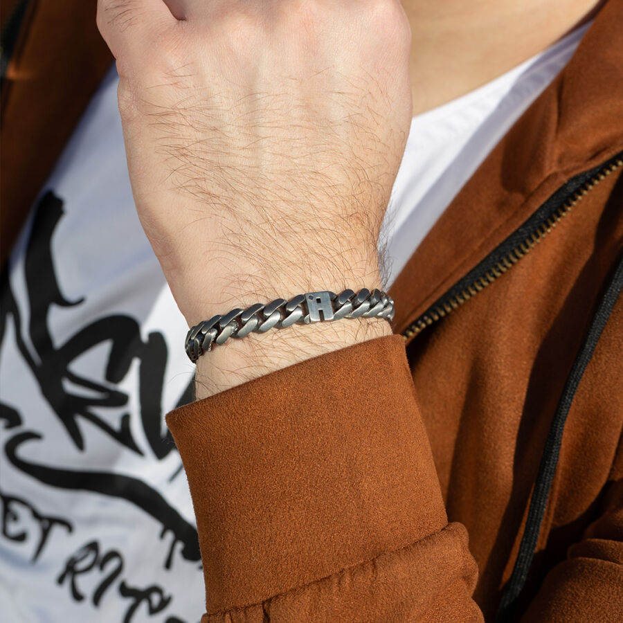 0.02 Carat Diamond Silver Letter A Men's Bracelet - 2