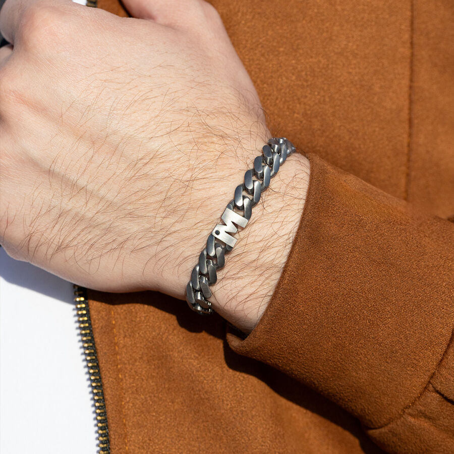 0.02 Carat Diamond Silver Letter M Men's Bracelet - 2