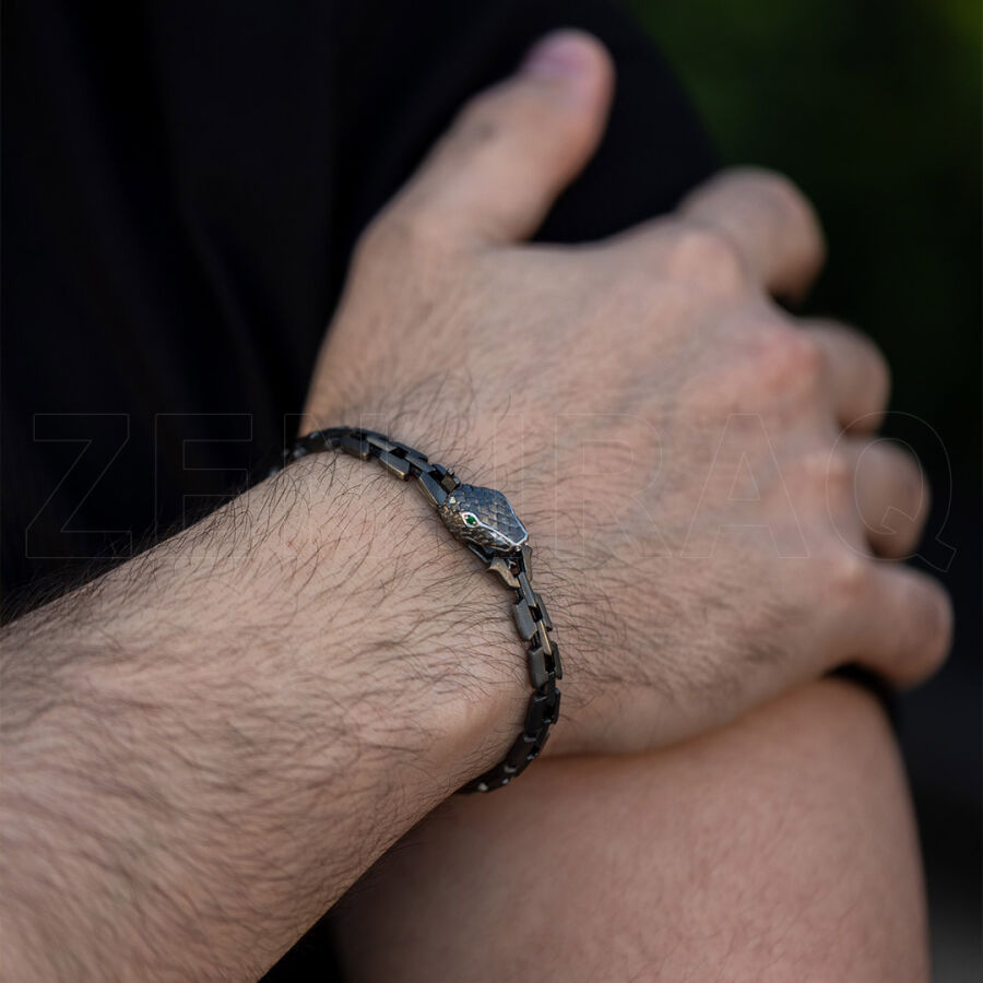 0.04 Carat Emerald Black Diamond Silver Men Bracelet - 1