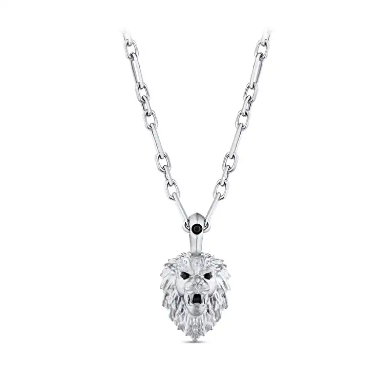 0.06 Carat Black Diamond Lion Silver Men's Pendant