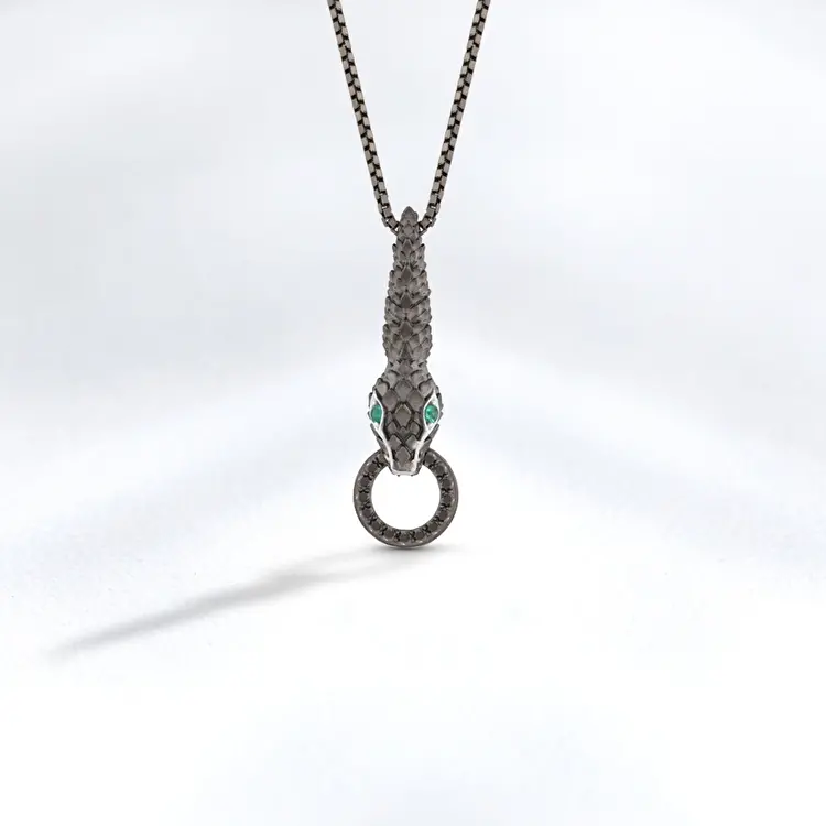 0.64 ct.Black Diamond & Emerald Silver Men Pendant - 3