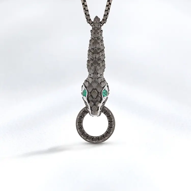 0.64 ct.Black Diamond & Emerald Silver Men Pendant - 4