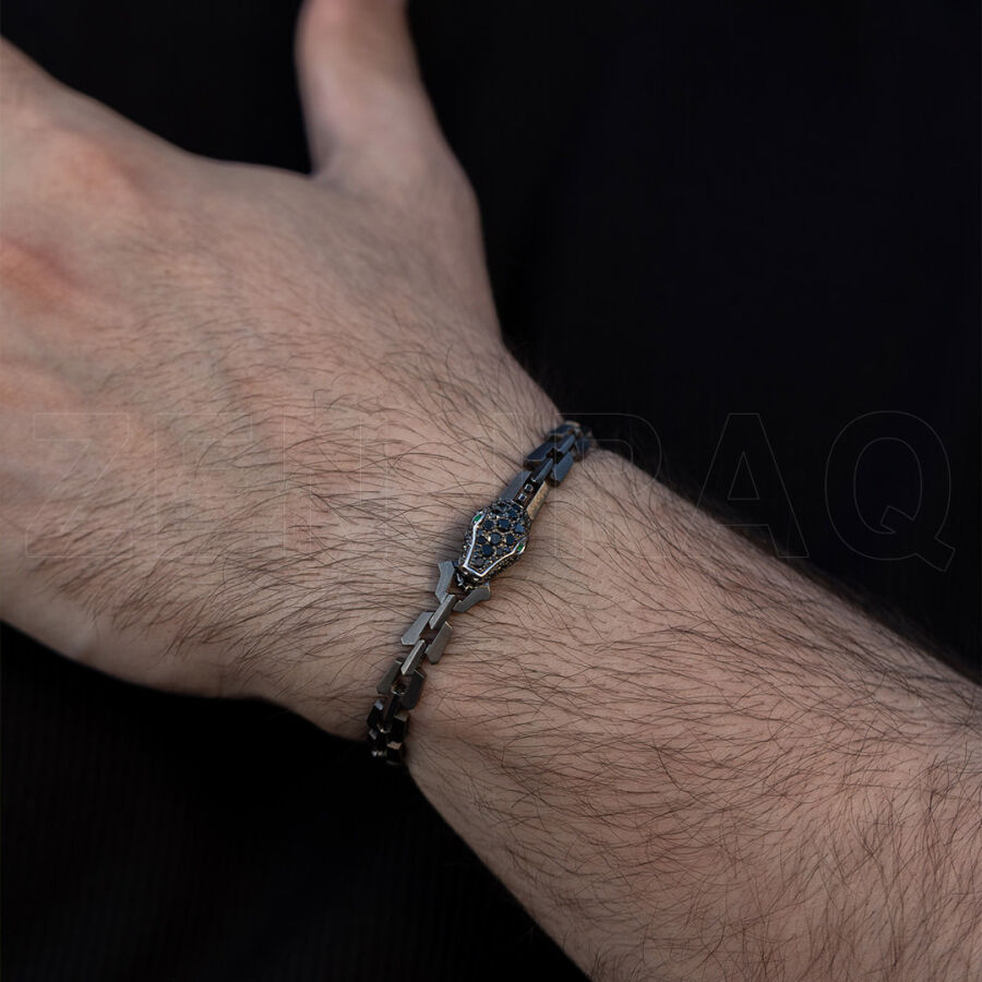 1.26 ct.Emerald Black Diamond Silver Men Bracelet - 1
