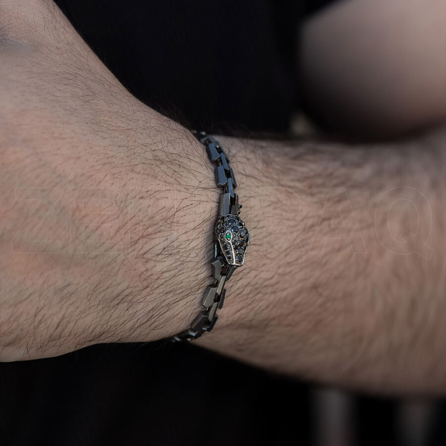 1.26 ct.Emerald Black Diamond Silver Men Bracelet - 2