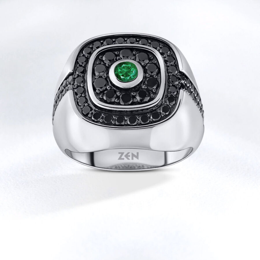 1.83 ct.Emerald Black Diamond Silver Man Ring - 1