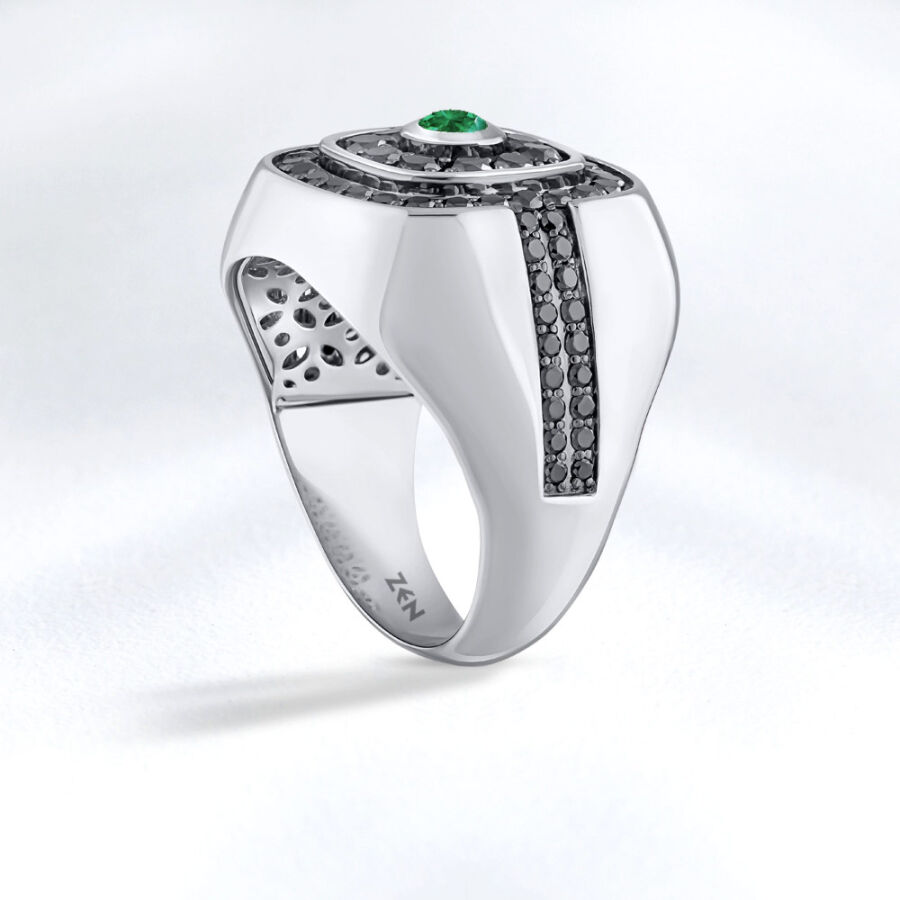 1.83 ct.Emerald Black Diamond Silver Man Ring - 3