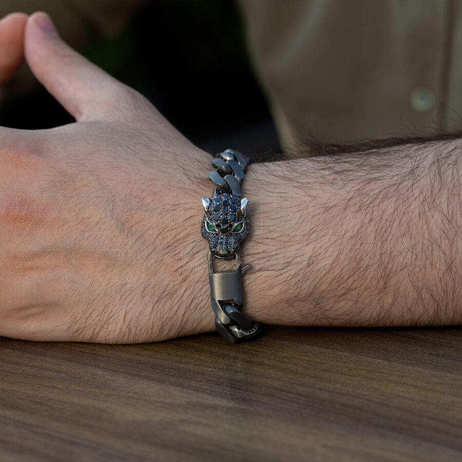 5.95 ct.Emerald Black Diamond Silver Men Bracelet - 2