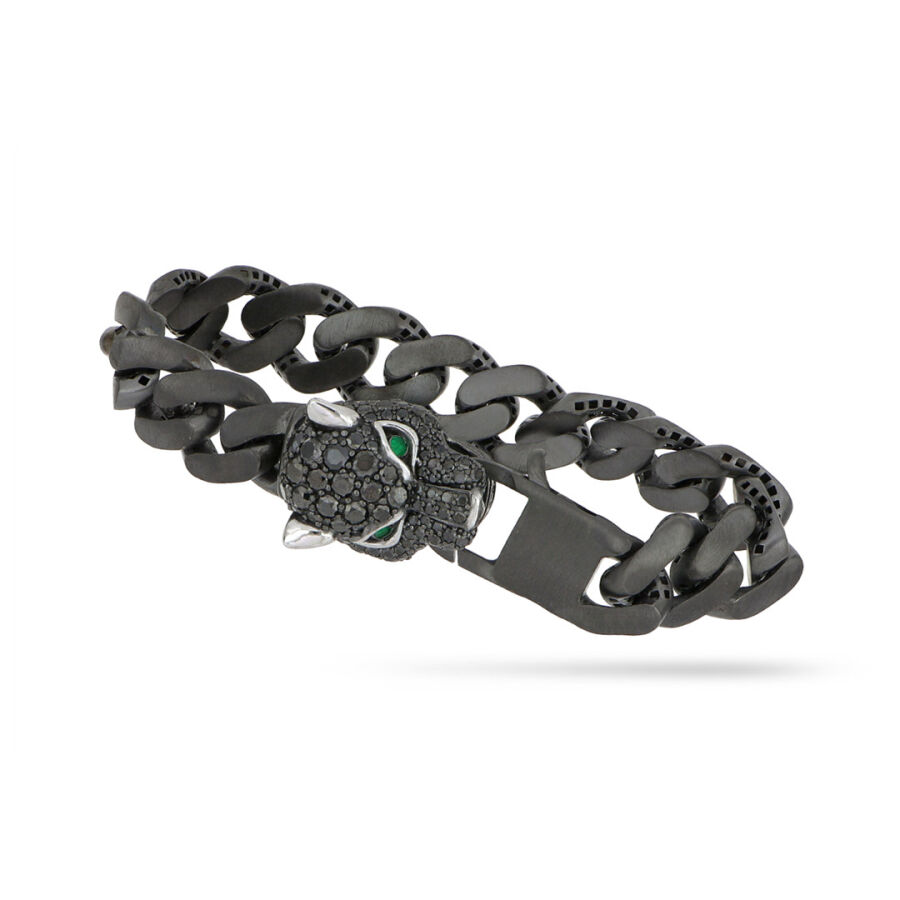 5.95 ct.Emerald Black Diamond Silver Men Bracelet - 3