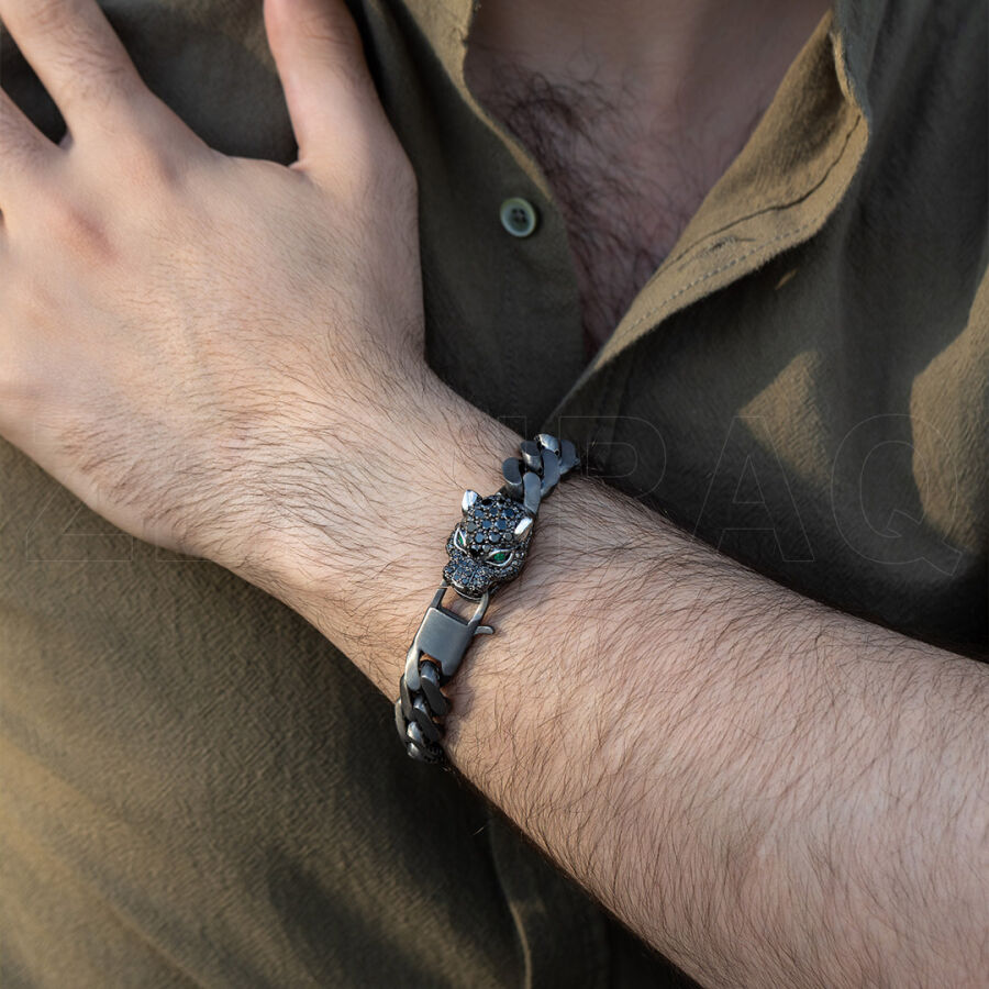5.95 ct.Emerald Black Diamond Silver Men Bracelet - 1